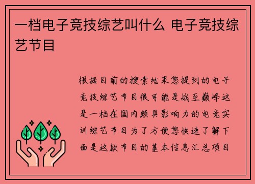 一档电子竞技综艺叫什么 电子竞技综艺节目